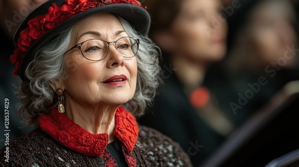 Obraz A senior woman singing in a choir with a red collar
