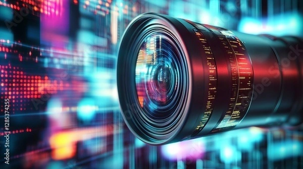Obraz Futuristic Camera Lens with Digital Code Background High Tech Photography Equipment