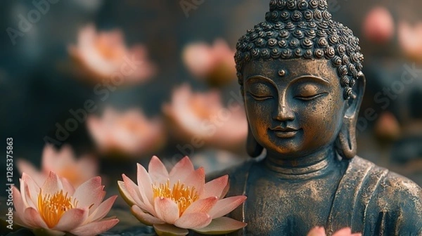 Fototapeta A serene Buddha statue with lotus flowers on a dark background a golden Buddha sculpture with intricate details and a serene expression