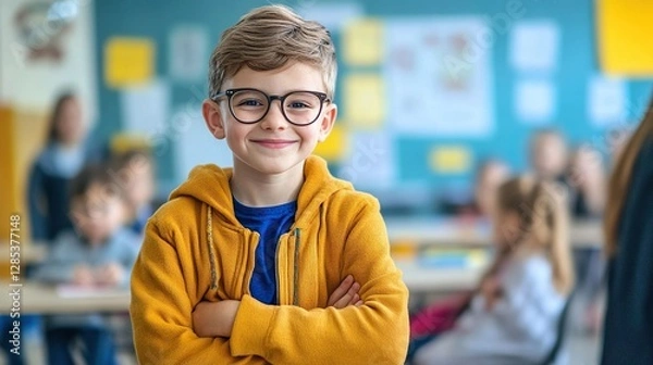 Obraz Proud boy child posing at class in school