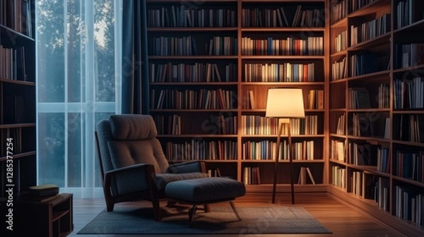 Fototapeta Cozy Reading Nook With Warm Lighting in a Modern Library Filled With Books, Perfect for Quiet Study and Relaxation at Any Time of the Day