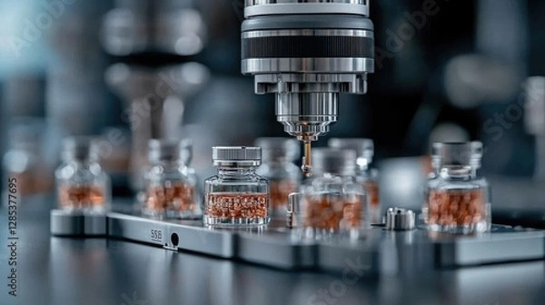 Fototapeta Automated vial filling machine in pharmaceutical factory