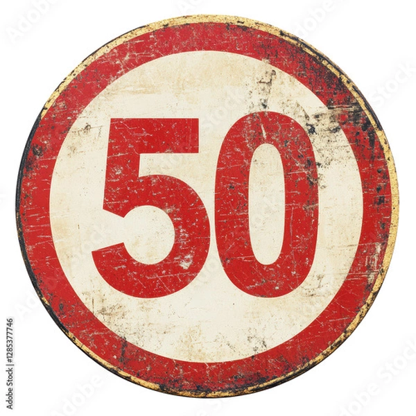 Fototapeta Isolated Rustic Speed Limit 50 Road Sign with Weathered Texture: Transportation