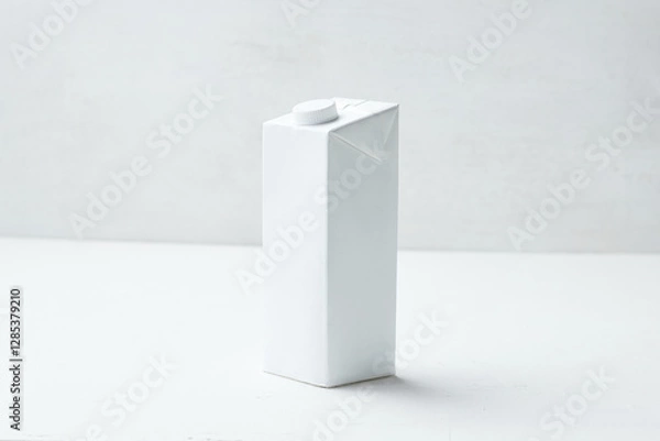 Obraz Simple White Carton Milk Box on a Clean Surface, Suitable for Beverages or Liquids, Captured in Bright Natural Light
