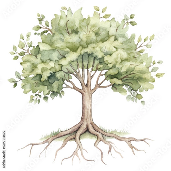 Fototapeta A beautiful watercolor illustration of a tree with lush green leaves and a detailed root system, perfect for nature-themed designs.