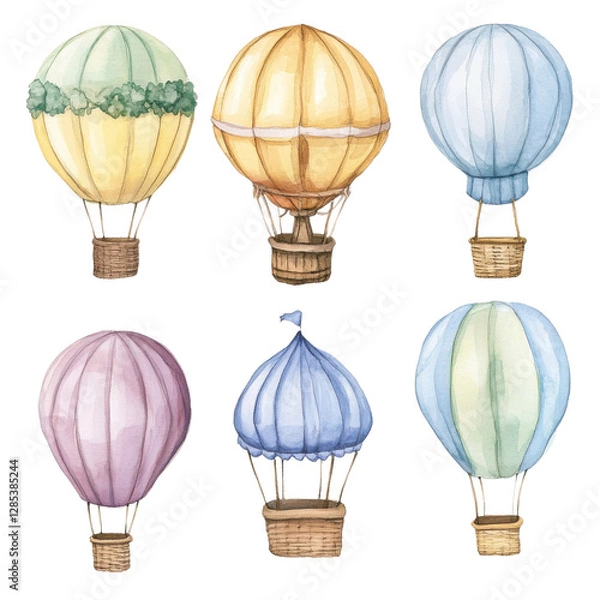 Fototapeta A collection of six beautifully illustrated watercolor hot air balloons in various colors, each unique in design, ideal for artistic and whimsical themes.