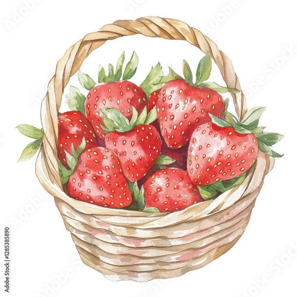 Fototapeta A hand-drawn illustration of a wicker basket filled with ripe, red strawberries, showcasing their vibrant color and fresh appearance.