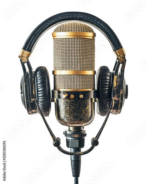 Obraz Isolated Microphone with Headphones in Retro Style with Gold Accents