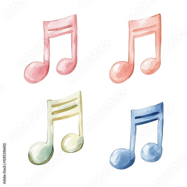 Fototapeta Colorful watercolor music notes on a transparent background, perfect for creative designs, music-themed projects, and educational materials.