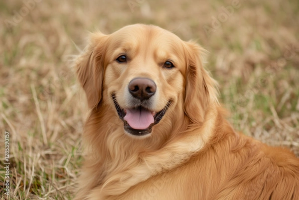 Fototapeta golden retriever is laying on the grass and smiling. The dog has a pink tongue sticking out