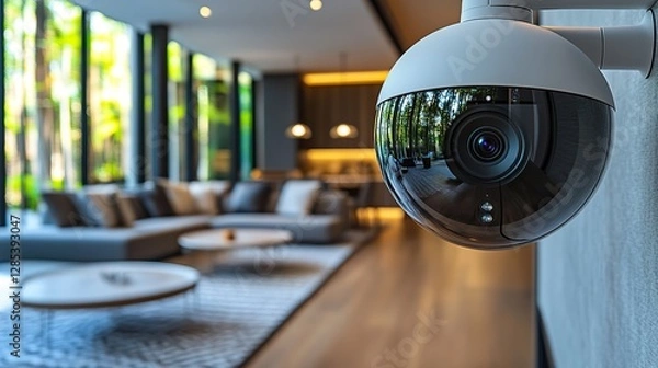 Fototapeta A smart security camera with AI technology is in a modern living room, showcasing advanced surveillance features and a sleek design The atmosphere is high-tech and secure
