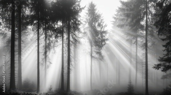 Fototapeta Mystical Forest Sunlight: The ethereal beauty of a forest is captured in a monochromatic photograph. Beams of sunlight piercing through the mist create a captivating and otherworldly scene. 