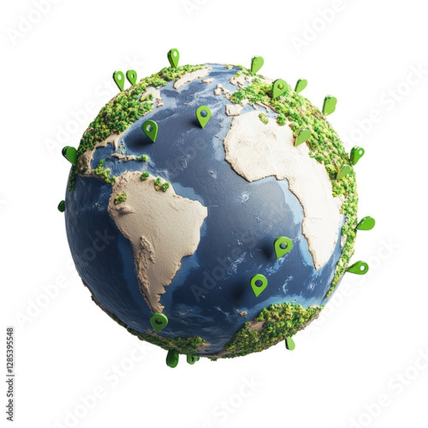 Obraz Isolated Earth with Green Location Pins, Global Positioning