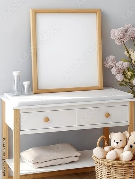 Fototapeta White wooden dresser with two drawers, a light wood frame mockup, a beige towel, and a wicker basket filled with teddy bears. Soft, natural lighting