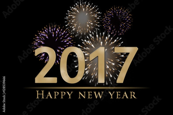 Obraz Gold 2017 New Year's eve illustration,card with colorful fireworks and golden Happy New Year text on black background 