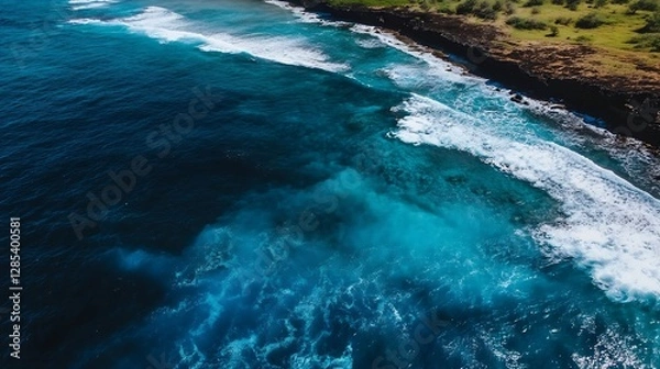 Fototapeta Breathtaking Aerial View of Crystal Clear Ocean Waves Crashing on Shoreline : Generative AI