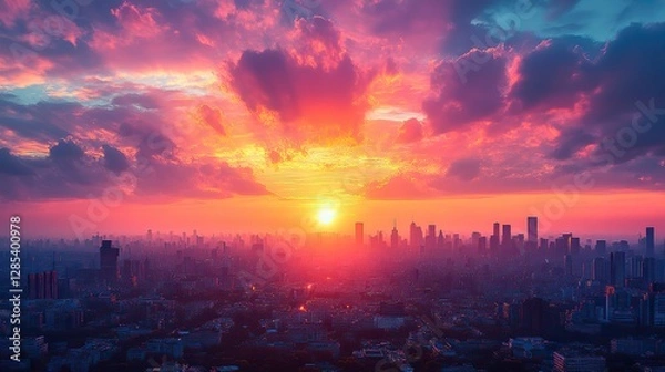 Fototapeta A stunning sunrise over the city skyline symbolizes hope and new beginnings The vibrant colors of the sun illuminate the buildings, creating a breathtaking view