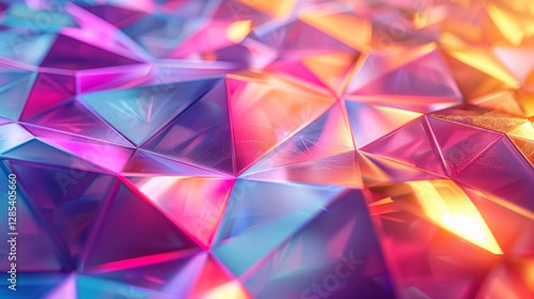Obraz Holographic geometric background with iridescent triangles and neon reflections, AI generative