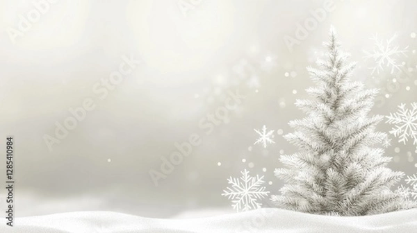 Fototapeta A holiday card design with a pristine white Christmas tree and snowflakes, set against a dreamy blurred background, perfect for Christmas greetings.