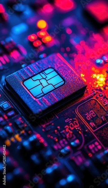Fototapeta Close-up of a SIM card on a circuit board, illuminated with vibrant pink and blue lighting.