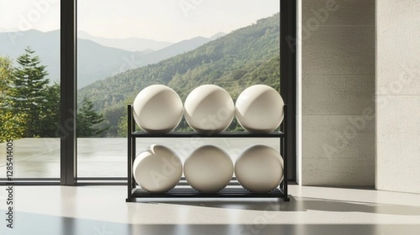 Fototapeta Minimalist 3D Rendering of a Sleek Medicine Ball Rack in a Modern Interior with Scenic Mountain View