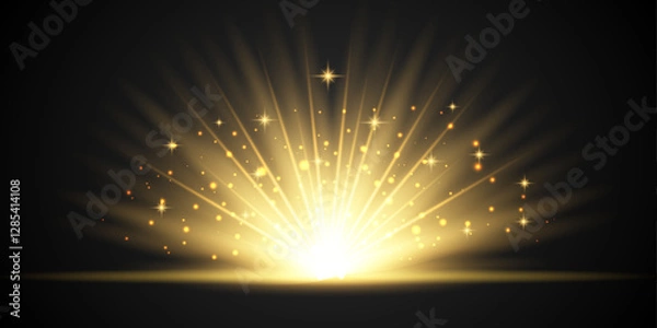 Fototapeta Abstract golden bright light. Isolated golden sparkles explode on dark background. A bright and shining star of golden light. Vector illustration