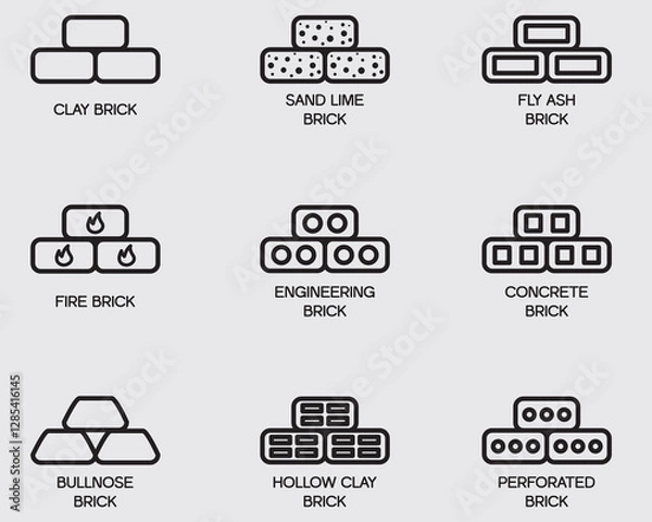 Fototapeta type of brick constuction material outline icon collection isolated on background