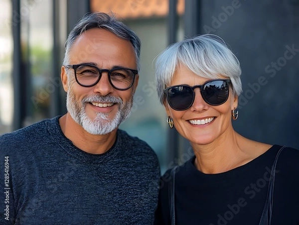 Fototapeta Middle aged couple with eyewear smiling at the camera