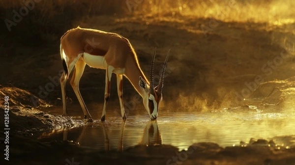 Obraz A springbok drinking at a waterhole in the golden hour, with a soft light casting long shadows and highlighting the animals unique features.