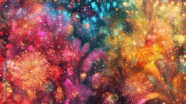 Obraz A vibrant, glitter-filled background with fireworks in full display, perfect for celebrating Christmas Eve or the th of July, bringing joy and festive energy.