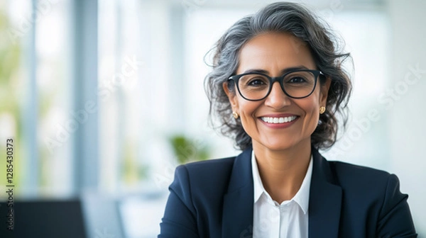 Fototapeta A cheerful older Indian business leader woman in glasses and formal attire, posing for a professional portrait in her office. She smiles and laughs confidently while looking at the
