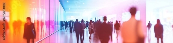 Obraz Exhibition expo event trade fair hall with busy bustling people walking to conferences in a modern hall crowded business people with a red and light blue color effect.. Generative AI