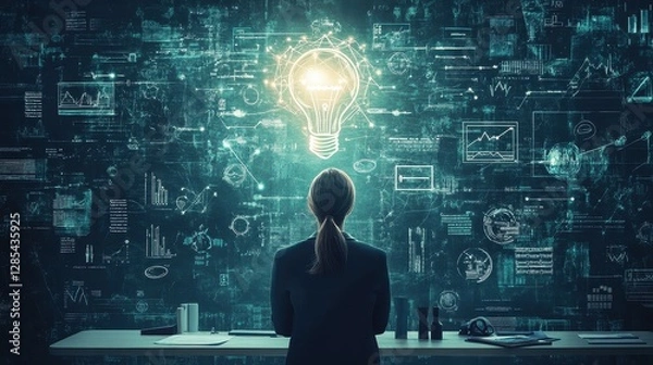 Fototapeta Back view, The teacher stands in front of the blackboard., with a bright light bulb above, surrounded by digital and technological symbols icons.