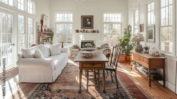 Obraz Cozy Living Room With Natural Light, Comfortable Seating, and Rustic Decor in a Serene Home Setting