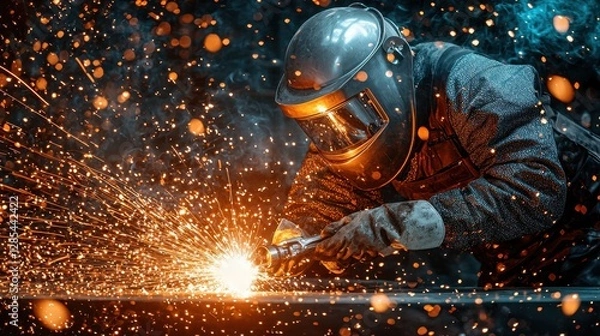 Fototapeta Welding Sparks and Flames with Professional Welder Wearing Protective Gear