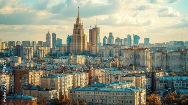 Fototapeta Elegant bathroom interior featuring soft beige tiles, a round mirror, and a simple sink with gold accents.