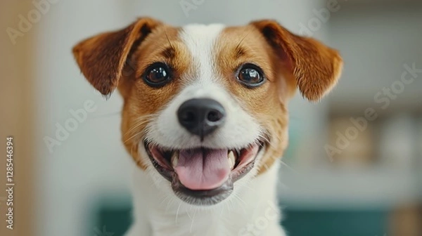 Fototapeta Happy Dog Smiling Joyfully in Bright Indoor Setting with Focus
