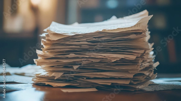 Obraz A pile of scattered manuscript pages, rough torn edges, delicate creases visible