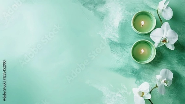 Fototapeta Two lit candles and white orchids on a mint green background.