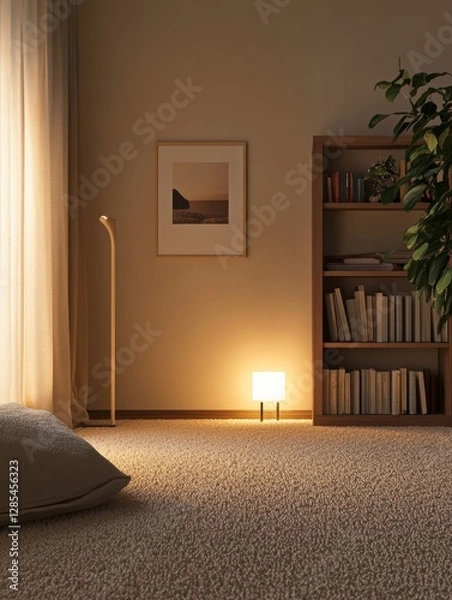 Fototapeta Cozy Living Room Interior With Warm Lighting and a Bookshelf Full of Books in a Softly Lit Space During the Evening Hours
