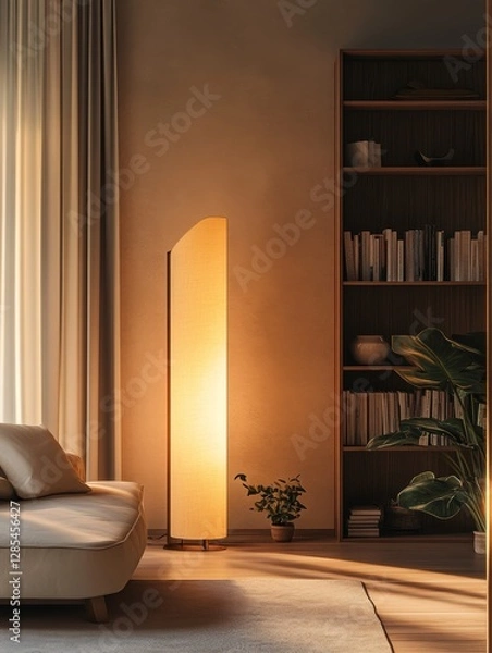 Fototapeta Cozy Living Room Interior With Warm Lighting and a Bookshelf Full of Books in a Softly Lit Space During the Evening Hours