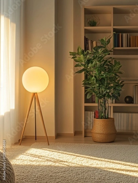 Fototapeta Cozy Living Room Interior With Warm Lighting and a Bookshelf Full of Books in a Softly Lit Space During the Evening Hours