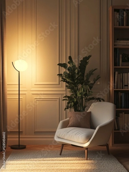 Fototapeta Softly Illuminated Corner With a Modern Chair, Lamp, and Indoor Plant in a Cozy Living Room Setting During Evening Hours