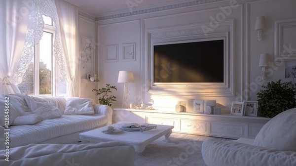 Fototapeta Luxurious Living Room Featuring Elegant Furnishings and a Beautiful Television Display Showcasing Art in a Well-Lit, Modern Home Setting