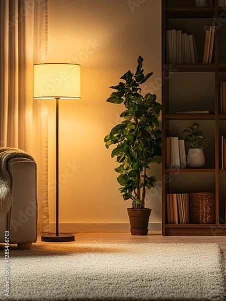 Fototapeta Softly Illuminated Corner With a Modern Chair, Lamp, and Indoor Plant in a Cozy Living Room Setting During Evening Hours