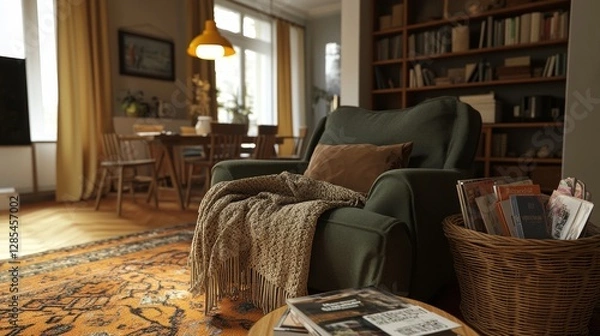 Fototapeta Cozy Living Room in a Warm Setting With Vintage Decor and Inviting Atmosphere During Evening Hours