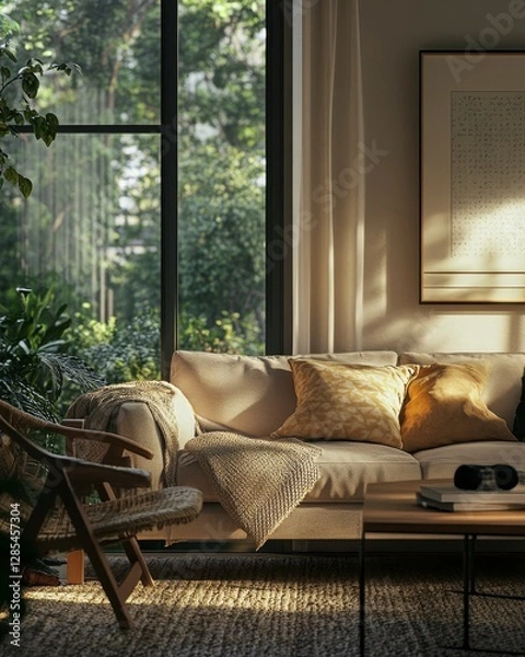 Fototapeta Cozy Living Room Bathed in Natural Light With Soft Furnishings and a View of a Lush Garden in the Afternoon