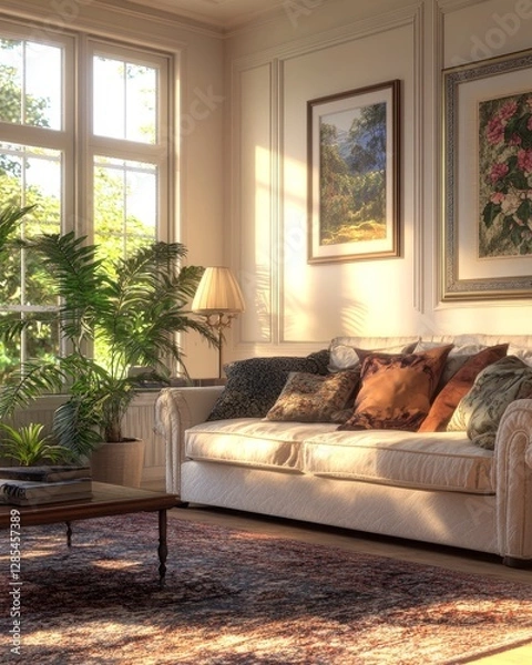 Fototapeta Cozy Living Room Bathed in Natural Light With Soft Furnishings and a View of a Lush Garden in the Afternoon