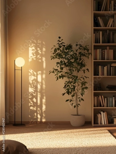 Fototapeta Softly Illuminated Corner With a Modern Chair, Lamp, and Indoor Plant in a Cozy Living Room Setting During Evening Hours