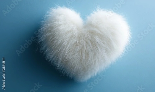 Fototapeta a fluffy white heart shape with a soft texture, lying on a blue surface
